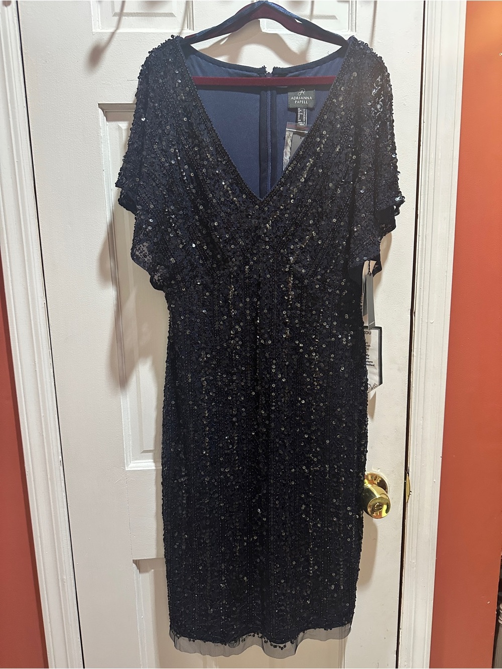 Adrianna Papell Navy Sequin V-Neck Cocktail Dress